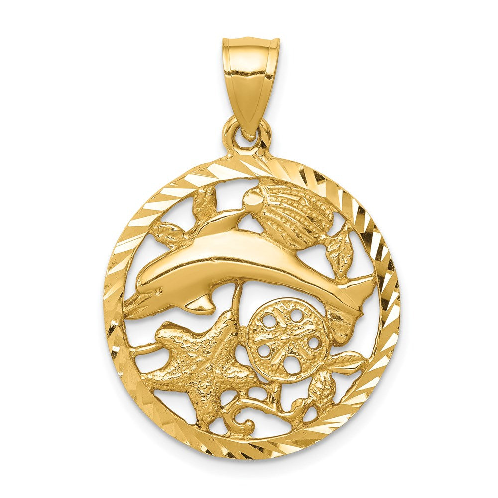 14K Diamond-cut Dolphin and Shells Circle Pendant