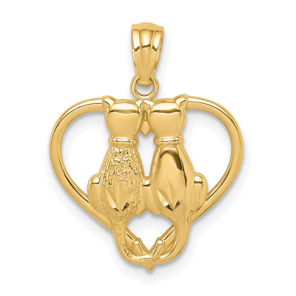 14K Sitting Cats in a Heart Pendant