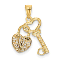 Load image into Gallery viewer, 14K Two-tone Polished Filigree Heart Lock and Diamond-cut Key Charm
