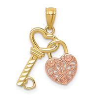 Load image into Gallery viewer, 14K Two-tone Polished Filigree Heart Lock and Diamond-cut Key Charm

