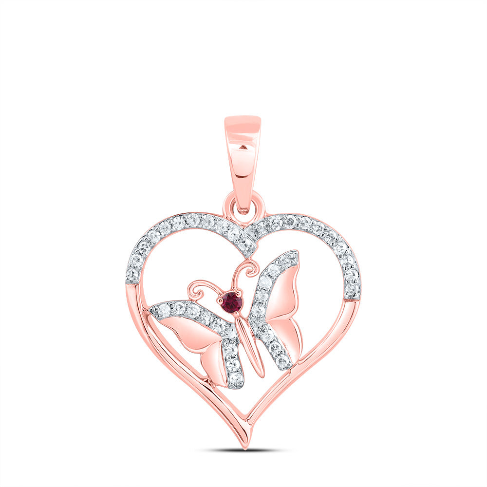 1/10CTW-DIA CN 1.3MM RD-RU NAT GEM BUTTERFLY HEART PENDANT