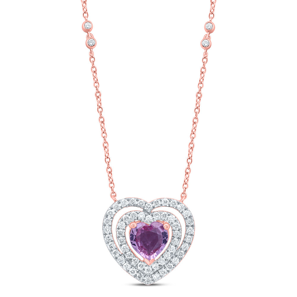 3/8CTW-DIA CN 6X6 MM HEART-PINK SAPP NAT GEM NECKLACE (18 INCH)
