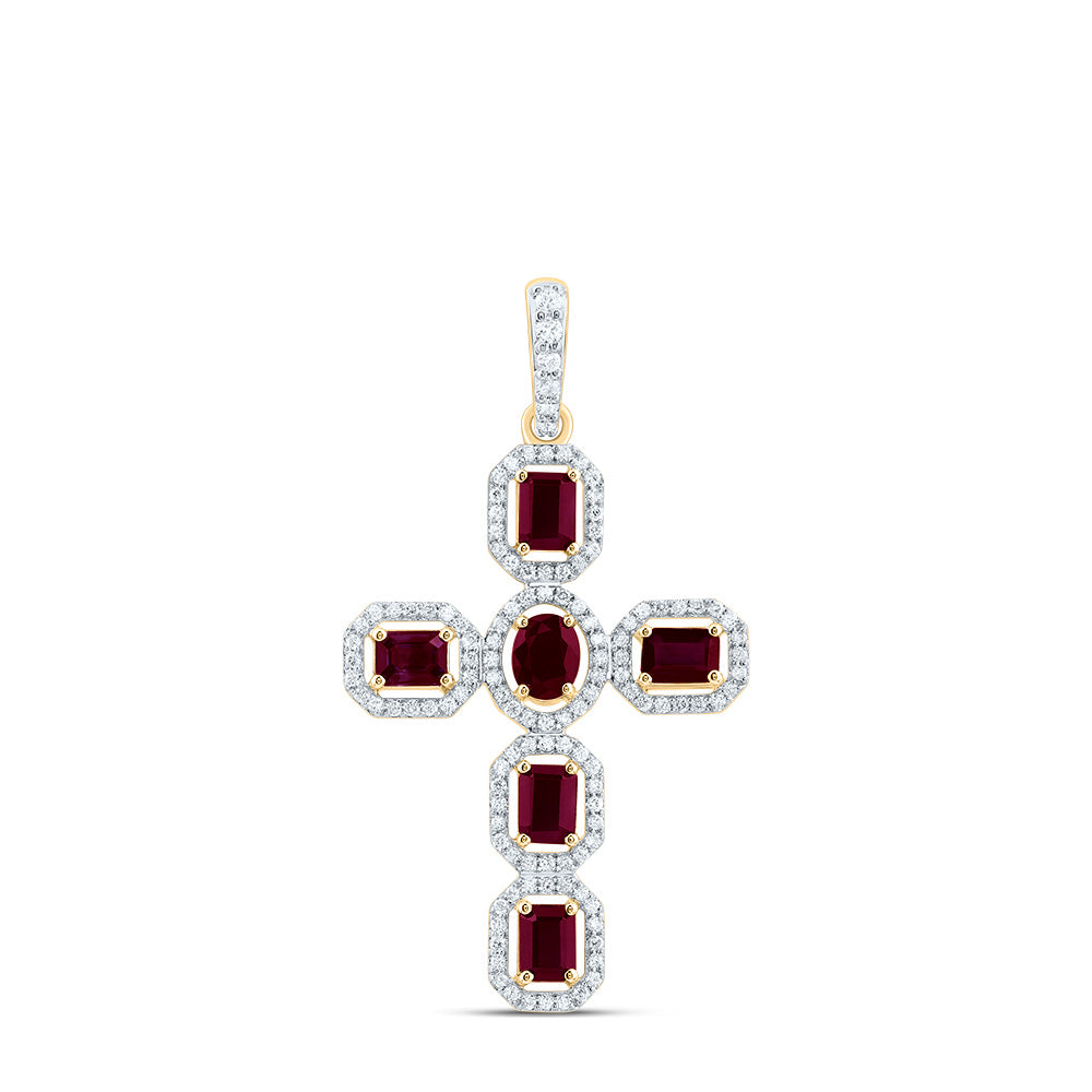 3/8CTW-DIA CN 1CTW-EM-RU, 5X3MM-OV-RU, NAT GEM CROSS PENDANT
