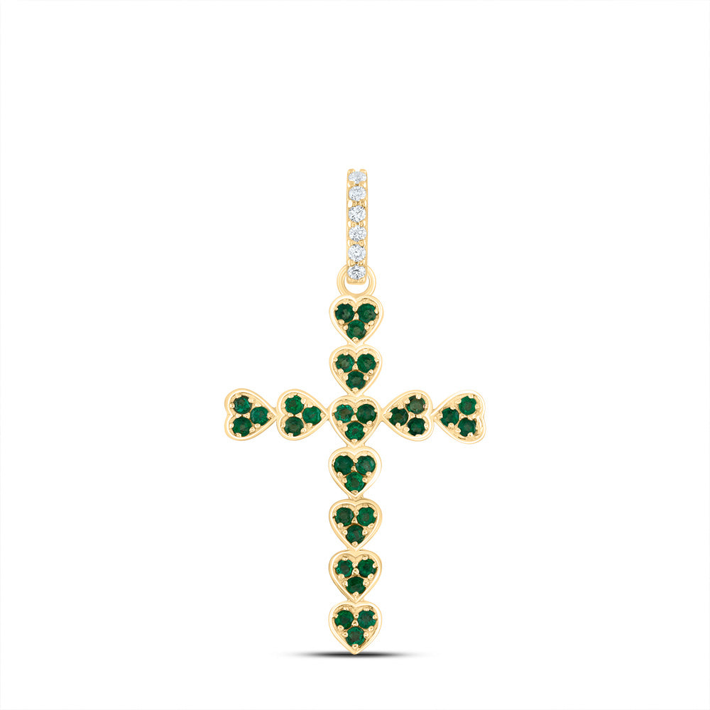 1/20CTW-DIA ANA M 3/8CTW-RD-EM NAT GEM HEART CROSS PENDANT