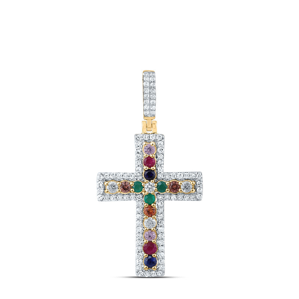 1/3CTW-DIA CN 1/3CTW RD-NAT GEM MULTI CLR SAPPHIRE CROSS PENDANT