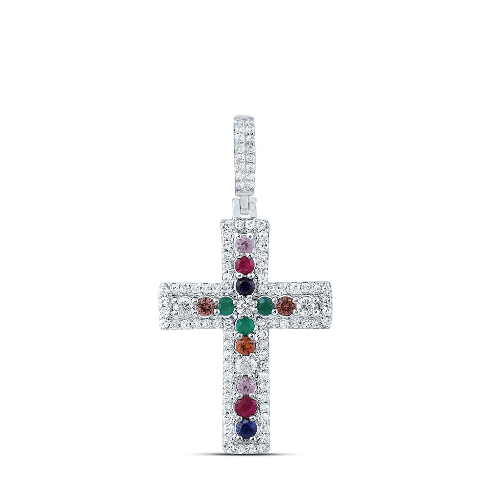 1/3CTW-DIA CN 1/3CTW RD-NAT GEM MULTI CLR SAPPHIRE CROSS PENDANT