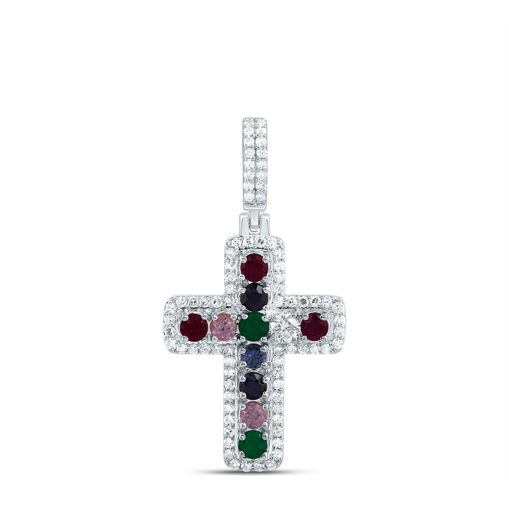 1/4CTW-DIA CN 1/2CTW-RD-NAT GEM MULTI CLR SAPPHIRE CROSS PENDANT