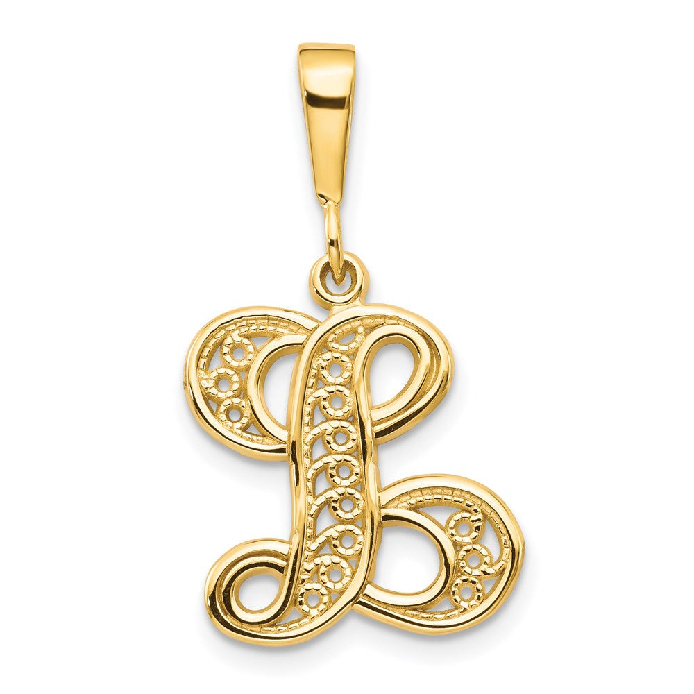 14KY Polished Script Filigree Letter L Initial Pendant