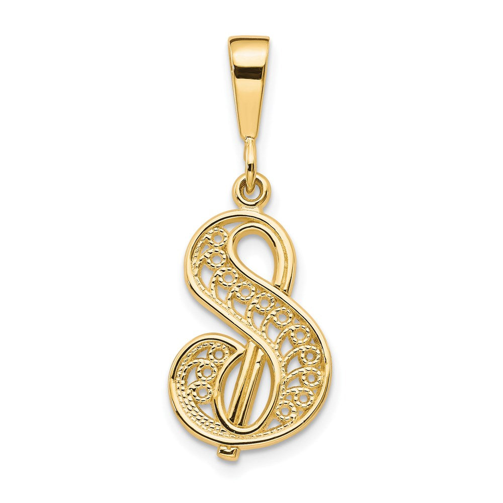 14KY Polished Script Filigree Letter S Initial Pendant