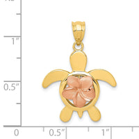 Load image into Gallery viewer, 14k Two-tone Diamond-cut Rose Plumeria Turtle Pendant

