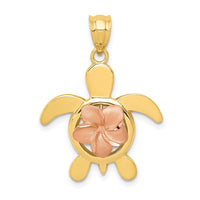 Load image into Gallery viewer, 14k Two-tone Diamond-cut Rose Plumeria Turtle Pendant
