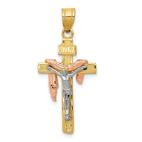 Load image into Gallery viewer, 14K Tri-color Diamond-cut Small Draped INRI Crucifix Pendant
