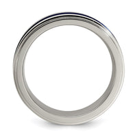 Load image into Gallery viewer, Edward Mirell Gray Titanium with Blue Anodized Stripe Flat Grooved Step Edge 7mm Band
