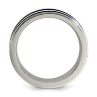 Load image into Gallery viewer, Edward Mirell Gray Titanium with Blue Anodized Stripe Flat Grooved Step Edge 7mm Band
