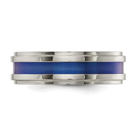 Load image into Gallery viewer, Edward Mirell Gray Titanium with Blue Anodized Stripe Flat Grooved Step Edge 7mm Band
