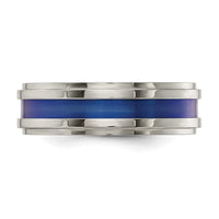 Load image into Gallery viewer, Edward Mirell Gray Titanium with Blue Anodized Stripe Flat Grooved Step Edge 7mm Band
