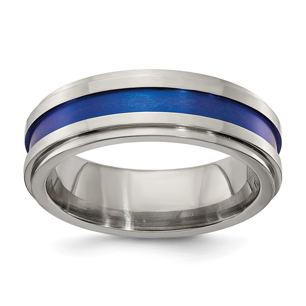 Edward Mirell Gray Titanium with Blue Anodized Stripe Flat Grooved Step Edge 7mm Band