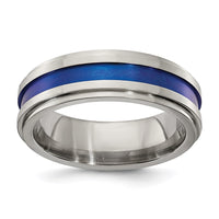 Load image into Gallery viewer, Edward Mirell Gray Titanium with Blue Anodized Stripe Flat Grooved Step Edge 7mm Band
