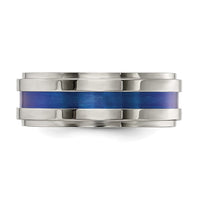 Load image into Gallery viewer, Edward Mirell Gray Titanium with Blue Anodized Stripe Flat Grooved Step Edge 8mm Band
