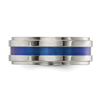 Load image into Gallery viewer, Edward Mirell Gray Titanium with Blue Anodized Stripe Flat Grooved Step Edge 8mm Band

