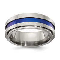 Load image into Gallery viewer, Edward Mirell Gray Titanium with Blue Anodized Stripe Flat Grooved Step Edge 8mm Band

