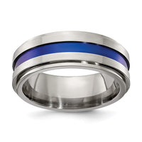 Load image into Gallery viewer, Edward Mirell Gray Titanium with Blue Anodized Stripe Flat Grooved Step Edge 8mm Band
