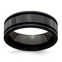 Load image into Gallery viewer, Edward Mirell Titanium Black Ti with Blue Anodized Grooves Flat 8mm Band
