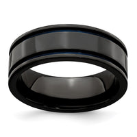Load image into Gallery viewer, Edward Mirell Titanium Black Ti with Blue Anodized Grooves Flat 8mm Band
