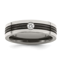 Load image into Gallery viewer, Edward Mirell Black Ti with Grey Titanium Edge 1/10 carat Diamond with Sterling Silver Bezel 6mm Band
