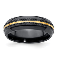Load image into Gallery viewer, Edward Mirell Black Ti with 14K Gold Stripe Patterned 7mm Band
