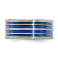 Load image into Gallery viewer, Edward Mirell Titanium with Blue Anodized Grooves Flat 10mm Band
