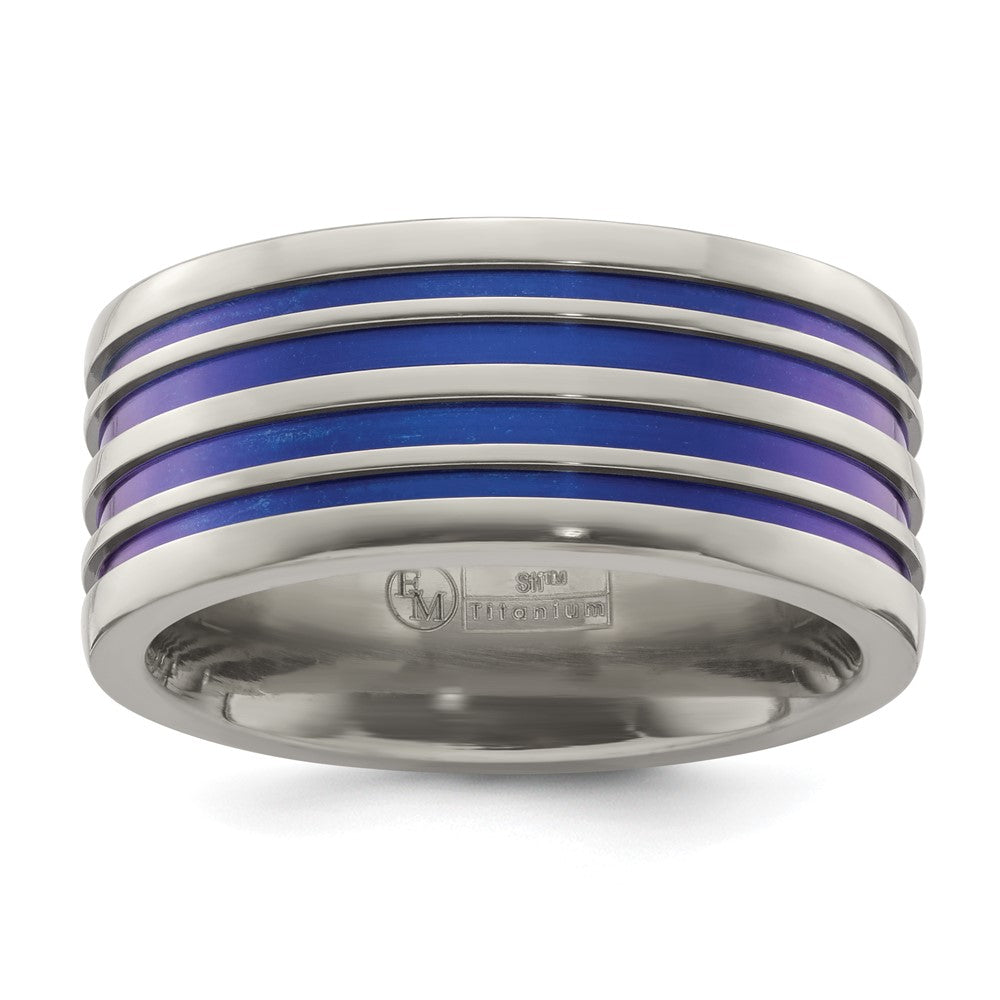 Edward Mirell Titanium with Blue Anodized Grooves Flat 10mm Band