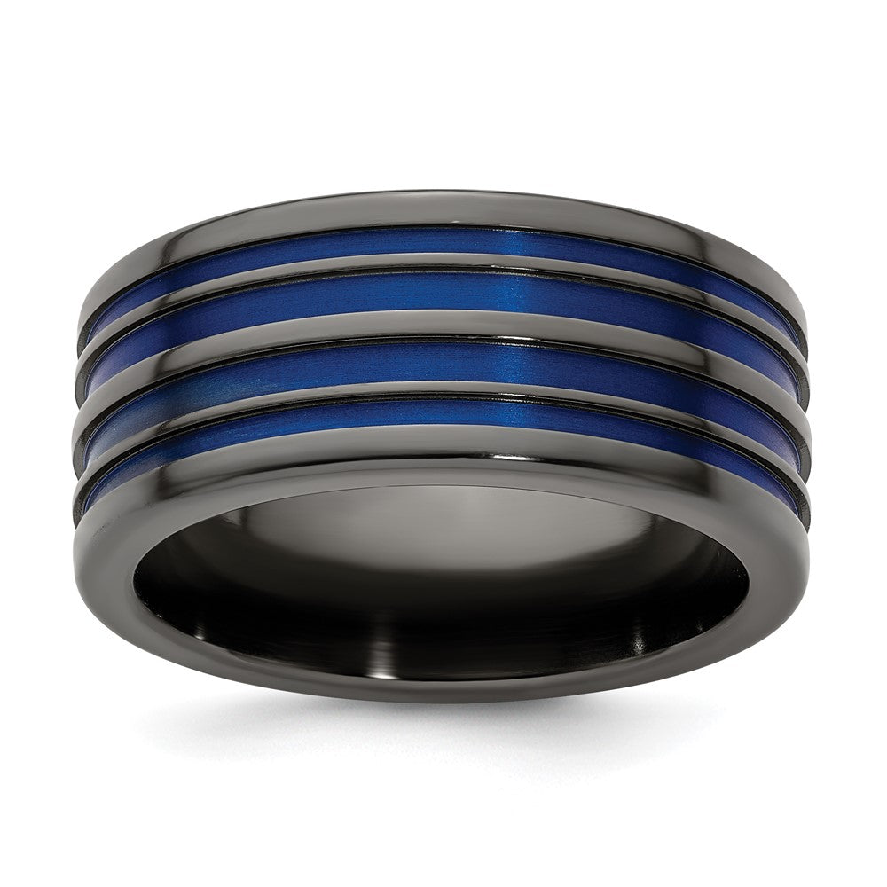 Edward Mirell Black Ti with Blue Anodized Grooves Flat 10mm Band