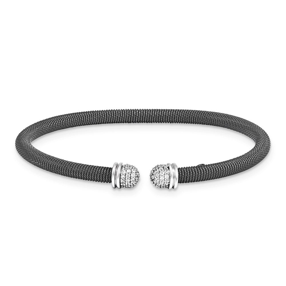 Sterling Silver black rhod 6.75 Cuff Bypass CZ Bangle