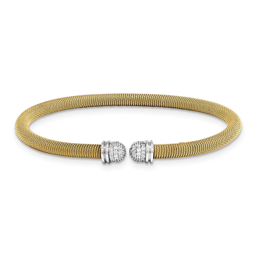 Sterling Silver YG 6.75 plated Cuff Bypass CZ Bangle