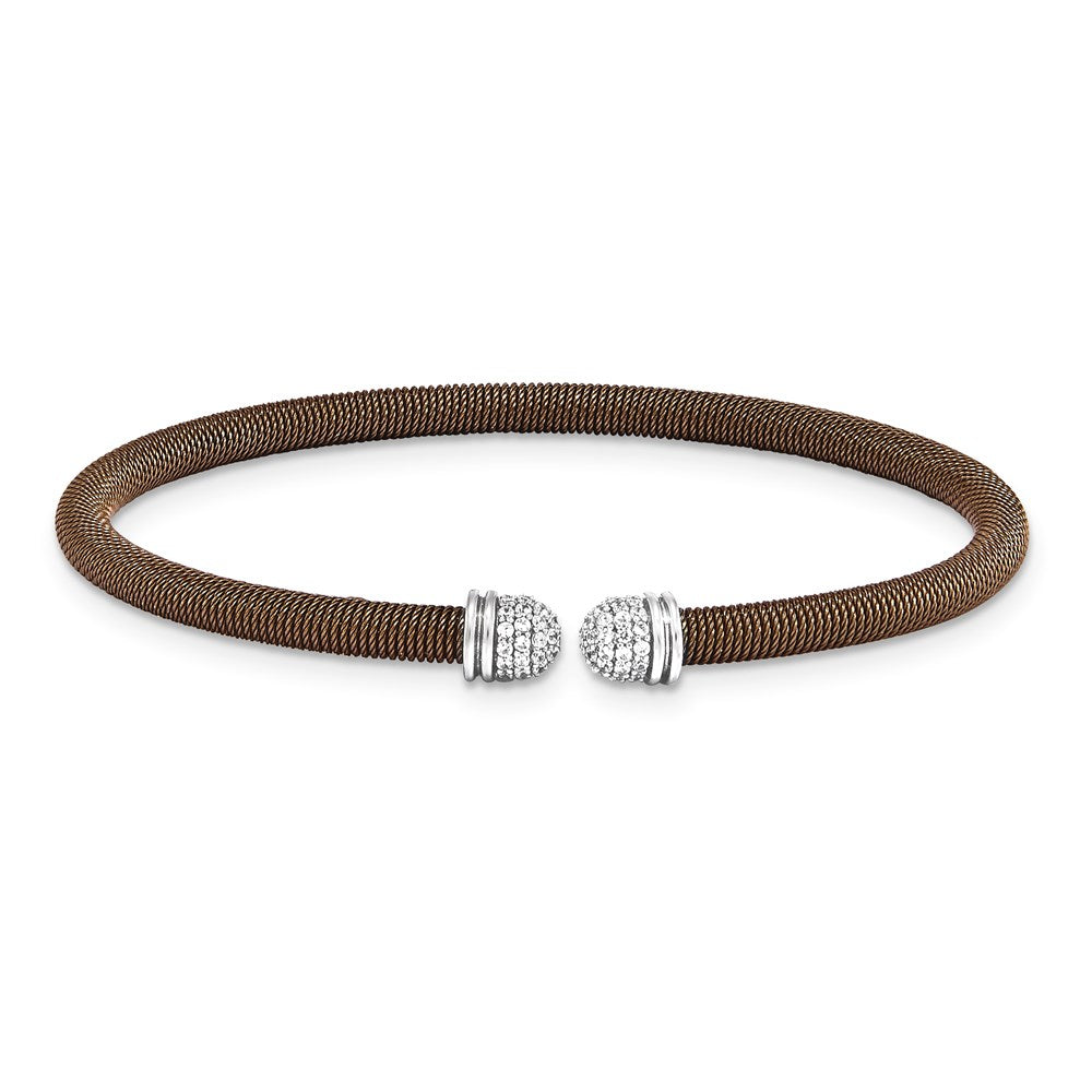 Sterling Silver chocolate 6.75 plated Cuff Bypass CZ Bangle
