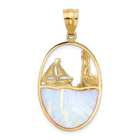 Load image into Gallery viewer, 14K Lab Created Opal Lighthouse Sailboat Pendant
