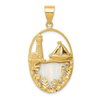 Load image into Gallery viewer, 14K Lab Created Opal Lighthouse Sailboat Pendant
