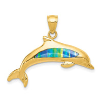 Load image into Gallery viewer, 14K Lab Created Opal Dolphin Pendant
