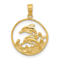 Load image into Gallery viewer, 14k Double Dolphin Circle Pendant
