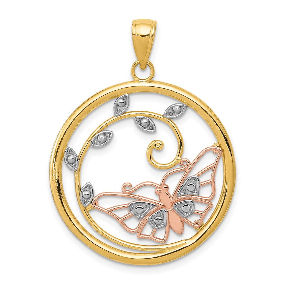 14k Two-tone w/White Rhodium Butterfly in Circle Pendant