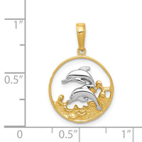 Load image into Gallery viewer, 14K and Rhodium Double Dolphins In Circle Pendant
