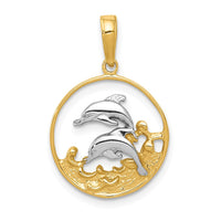 Load image into Gallery viewer, 14K and Rhodium Double Dolphins In Circle Pendant
