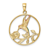Load image into Gallery viewer, 14K Enameled Hummingbird and Flower in Circle Pendant
