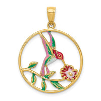 Load image into Gallery viewer, 14K Enameled Hummingbird and Flower in Circle Pendant
