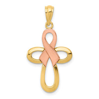 Load image into Gallery viewer, 14K Two-tone Polished Pink Ribbon Cross Pendant
