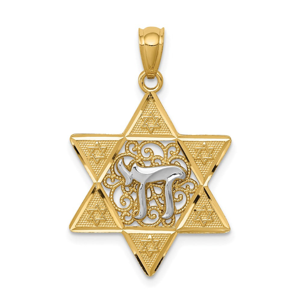 14k Two-tone Gold Polished Star of David w/Chai Pendant