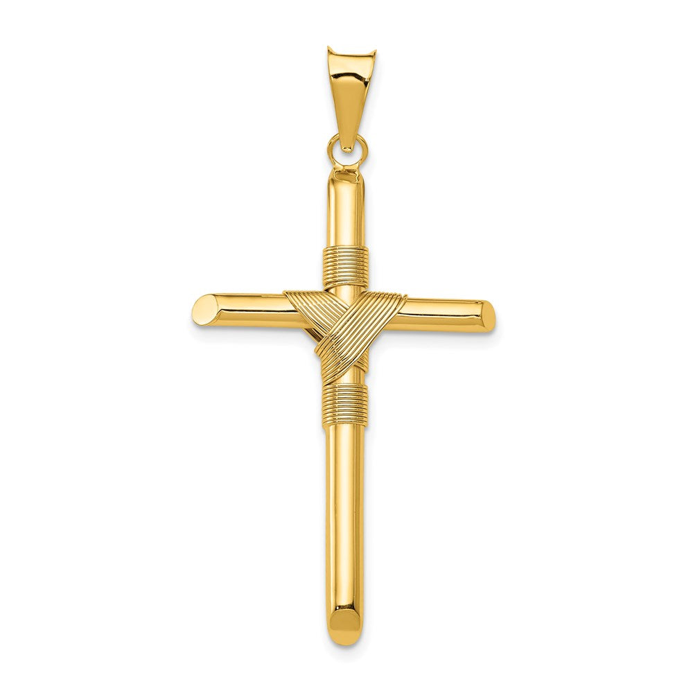 14K Polished w/Center Wrap Tube Cross Pendant