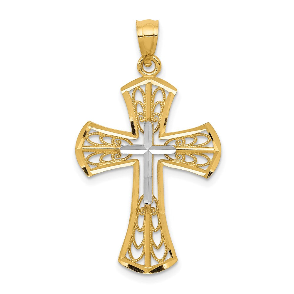 14k w/Rhodium Polished D/C Filigree Cross Pendant
