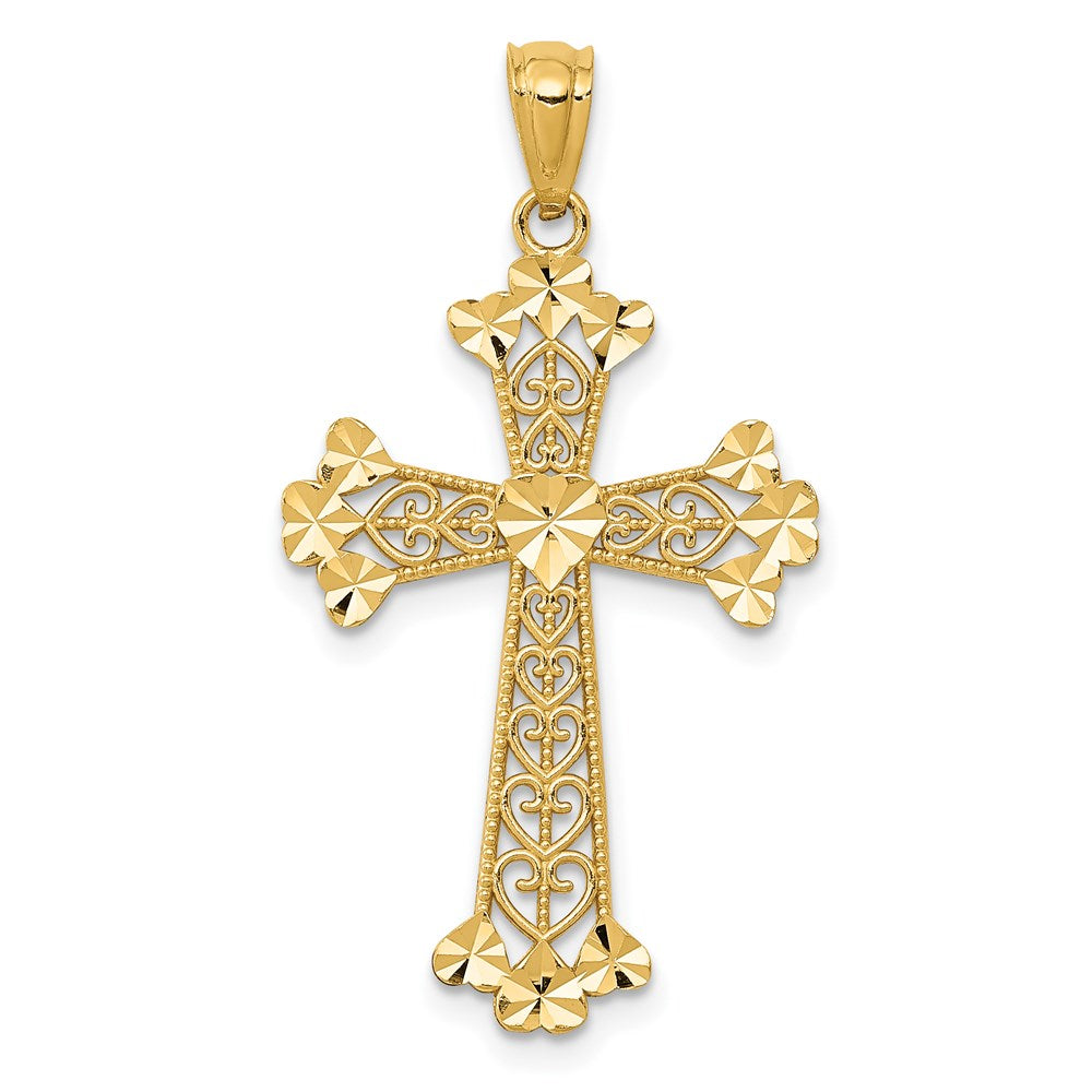 14k Diamond-cut Polished Filigree Hearts Cross Pendant